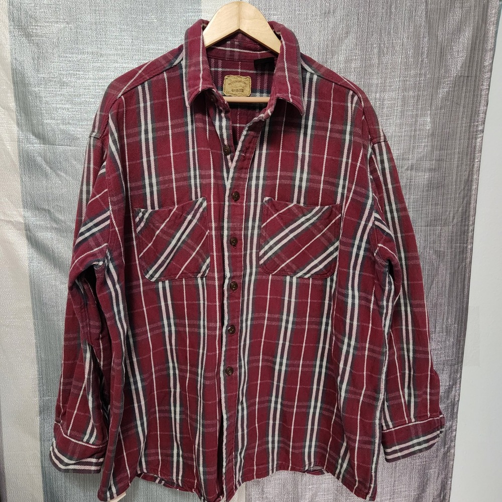 Mens 2XLT Tall Flannel Shirt Burgundy Plaid Long Sleeve Grunge 90s Distressed